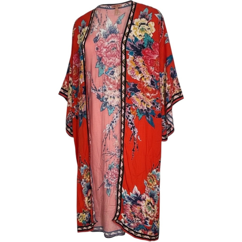 Flying Tomato Red Open Front Floral Rayon Duster Kimono M/L IJ9765-TJ Boho
